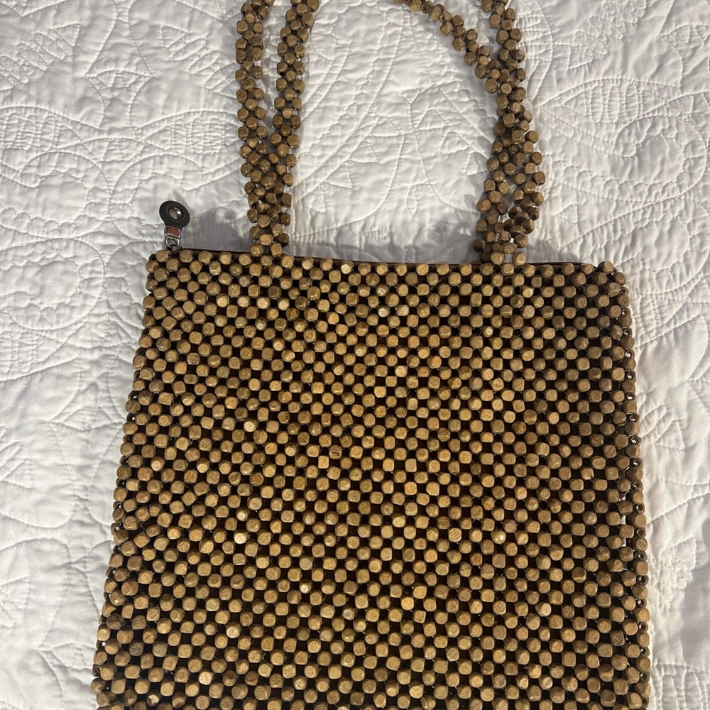Wood Bead Purse Natural Color 12” x 11” with 11” handle - Picture 2 of 12